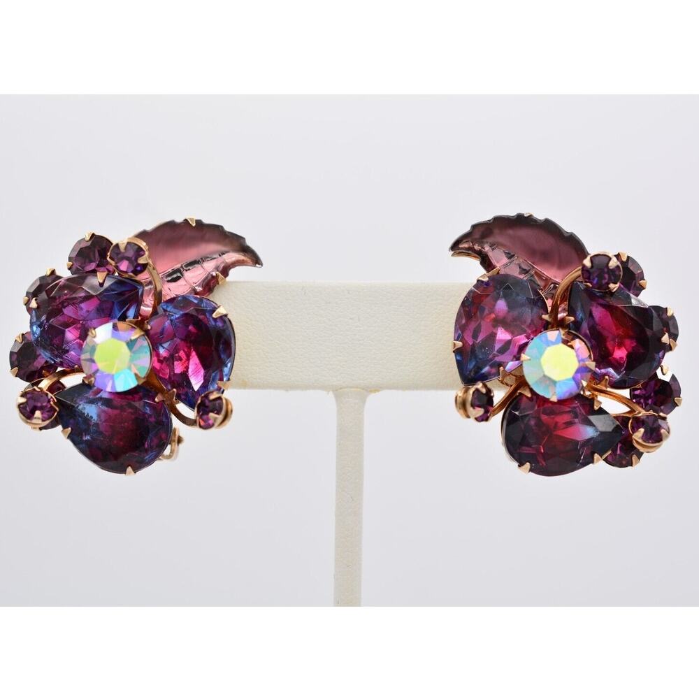 Vintage Crystal Clip On Earrings Purple Rhinestone Frosted Cabochon Flower 9F